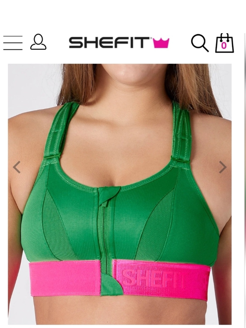 SHEFIT Green High-Impact Front-Zip Sports Bra with Pink Band